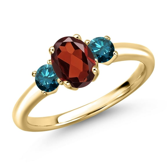 Gem Stone King 10K Yellow Gold Red Garnet and Blue Diamond Engagement Ring for Women | 1.17 Cttw | Oval 7X5MM | Gemstone January Birthstone | Size 6