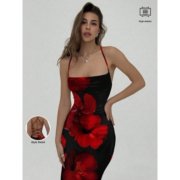 Romantic Date Backless Floral Maxi Dress - Red Hibiscus on Black, Spaghetti Strap, High-Elastic