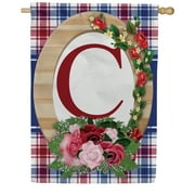 America Forever Monogram C House Flag, 28 x 40 inch Double Sided, Letter C with Roses, Floral Initial Flag, Plaid Background, Personalized Yard Decor