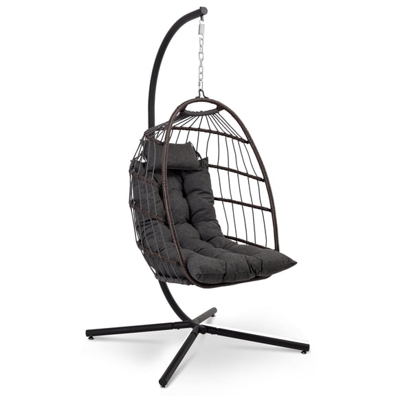 SereneLife Foldable Egg Chair with Stand – Hanging Rattan Wicker Swing for Indoor Outdoor Use – 350 lbs Capacity, Breathable Cushion & Headrest – Patio, Balcony, Porch, Bedroom Lounge Furniture
