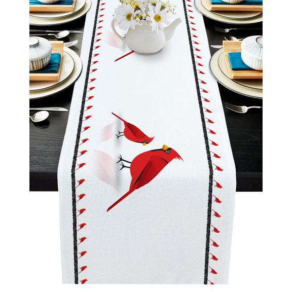 Table Runner Dresser Scarves 90 Inch Long, Red Cardinal Bird Animal on White Linen Dining Table Runners Farmhouse Animals Black Line Tabletop Scarf for Wedding Holiday Party Kitchen