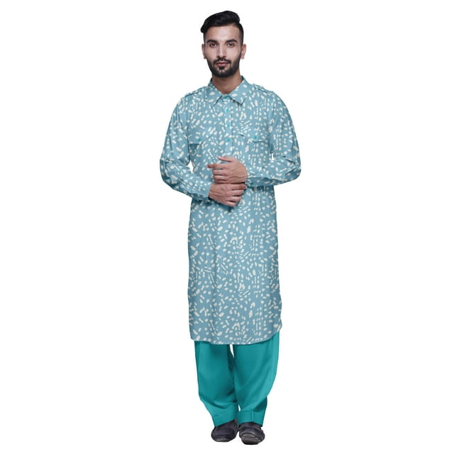 Atasi Kurta Pathani en Rayonne Imprimée avec Salopette Solide pour Hommes Tenue de Fête