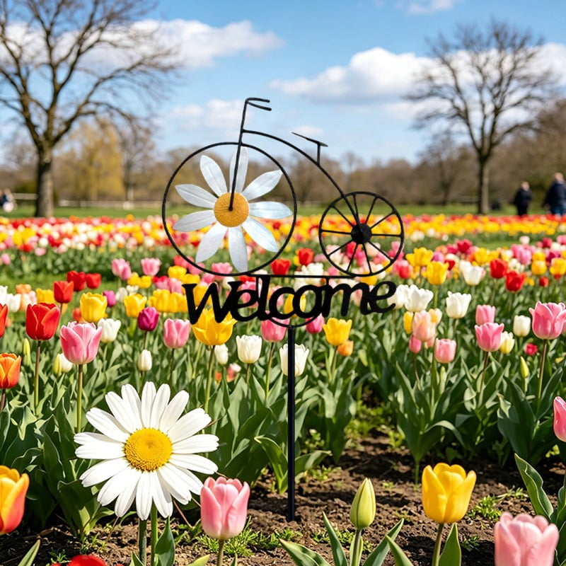 Garden Windmill Spinners Whimsical Summer Dasiy Flower Welcome Stake Figurine Sculpture Weather-Resistant Outdoor Floral Art Sign for Yard Patio Lawn Decor
