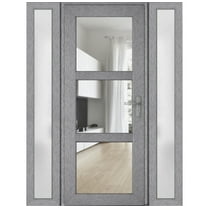 Front Exterior Prehung Metal-Plastic Door See-through / Manux 8555 Grey Ash / 2 Side Windows / Office Commercial and Residential Doors Entrance Patio Garage 64" x 80" Left-hand Inswing