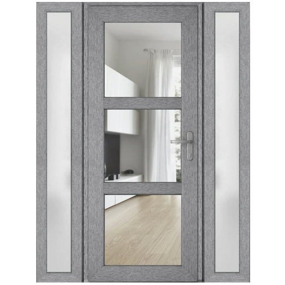 Front Exterior Prehung Metal-Plastic Door See-through / Manux 8555 Grey Ash / 2 Side Windows / Office Commercial and Residential Doors Entrance Patio Garage 60" x 80" Left-hand Inswing