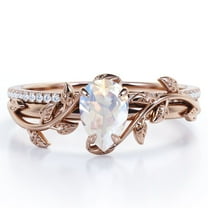 JeenMata Four-Prong Pave Set 1.75 Carat Pear-Shaped Rainbow Moonstone and Moissanite Nature-Inspired Bridal Set in 18K Rose Gold Plating over Silver