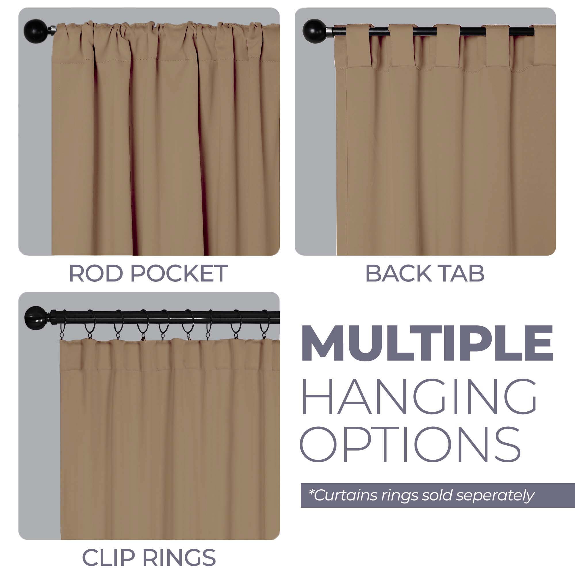 Superior Blackout Solid Light Filtering Back Tab Curtain Panel Set, 52" x 96", Smoked Ash