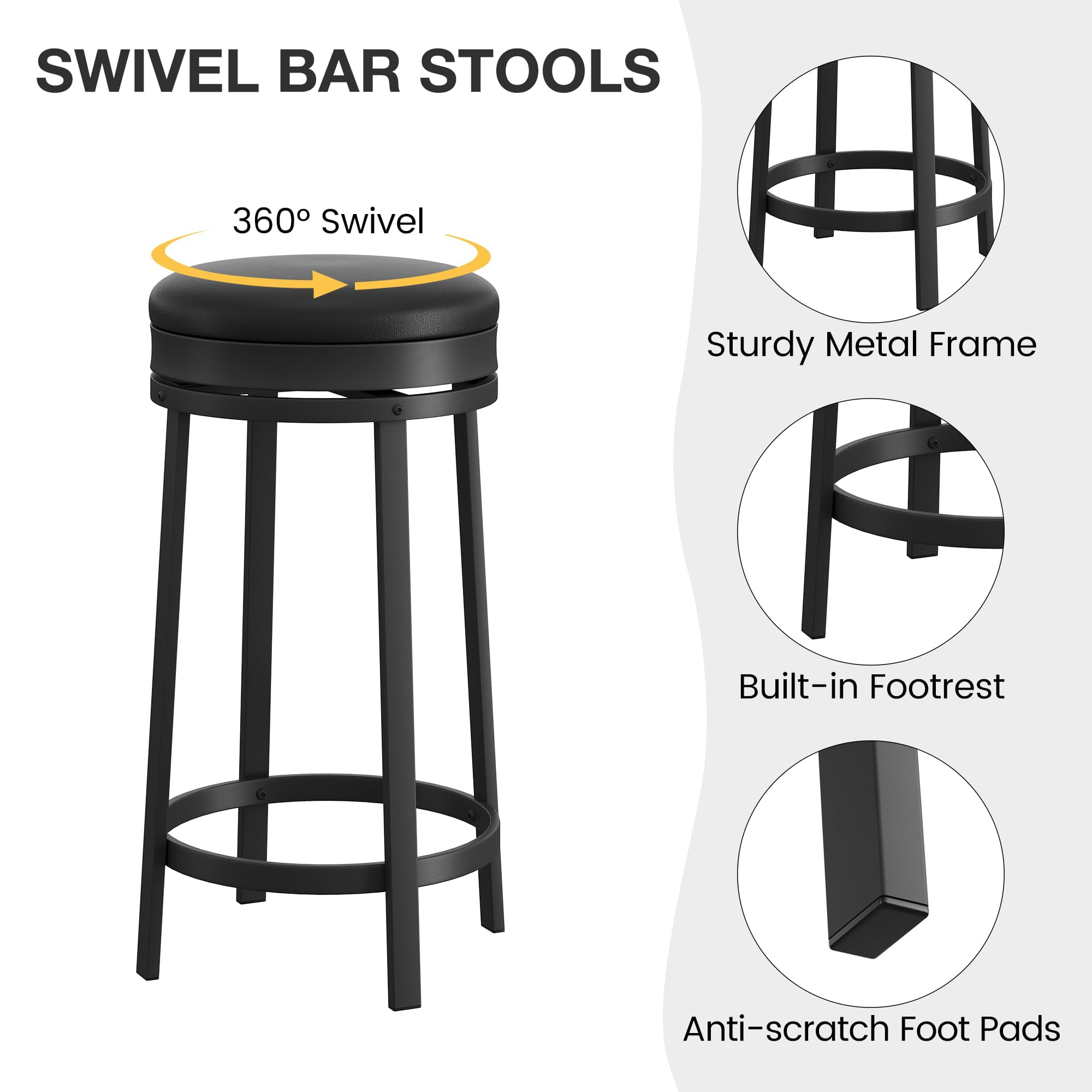 24"Swivel Bar Stools with Footrest, Modern Counter Height Barstools with Pu Leather Upholstered and Metal Frame, Backless Round Bar Stools for Kitchen Island, Black