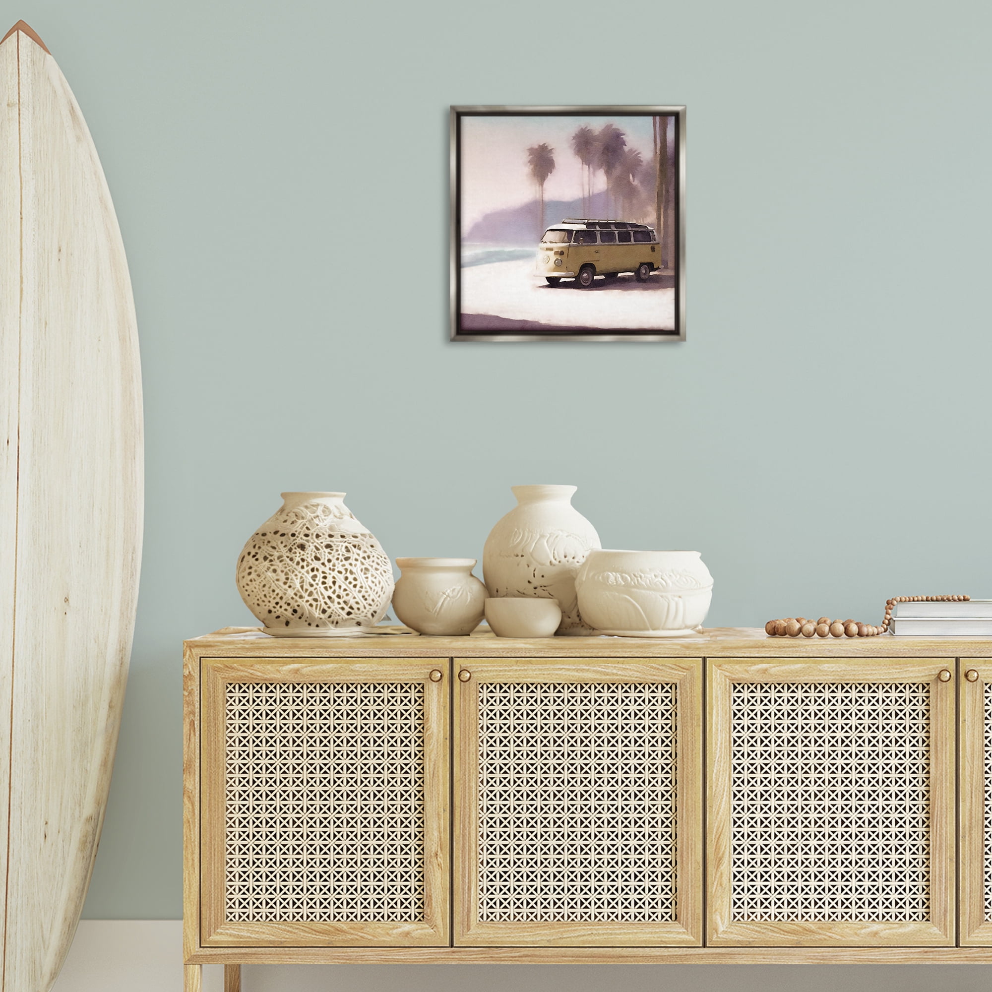 Stupell Industries Yellow Van on Beach Nautical & Beach Painting Gray Floater Framed Canvas Art Print Wall Art, 18 x 18