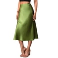 thumbnail image 3 of Women Solid High Waist Silky Casual Elastic Satin Midi Skirt Green S, 3 of 8