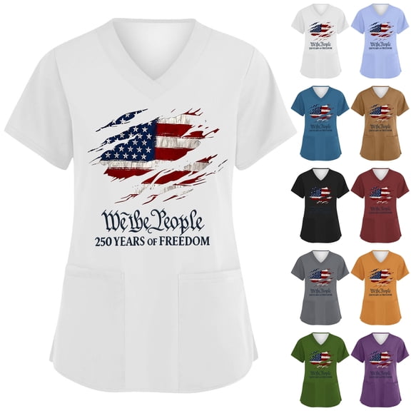 Youpwaven 250 Anniversary USA Women's Scrub Top, Patriotic We the People Nursing Uniform, 250th Anniversary V-Neck Workwear with Pockets, Freedom Celebration Shirt