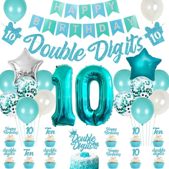 Joymemo 10th Birthday Decorations for Girls Balloons and Cake Toppers, Teal and Turquoise s
