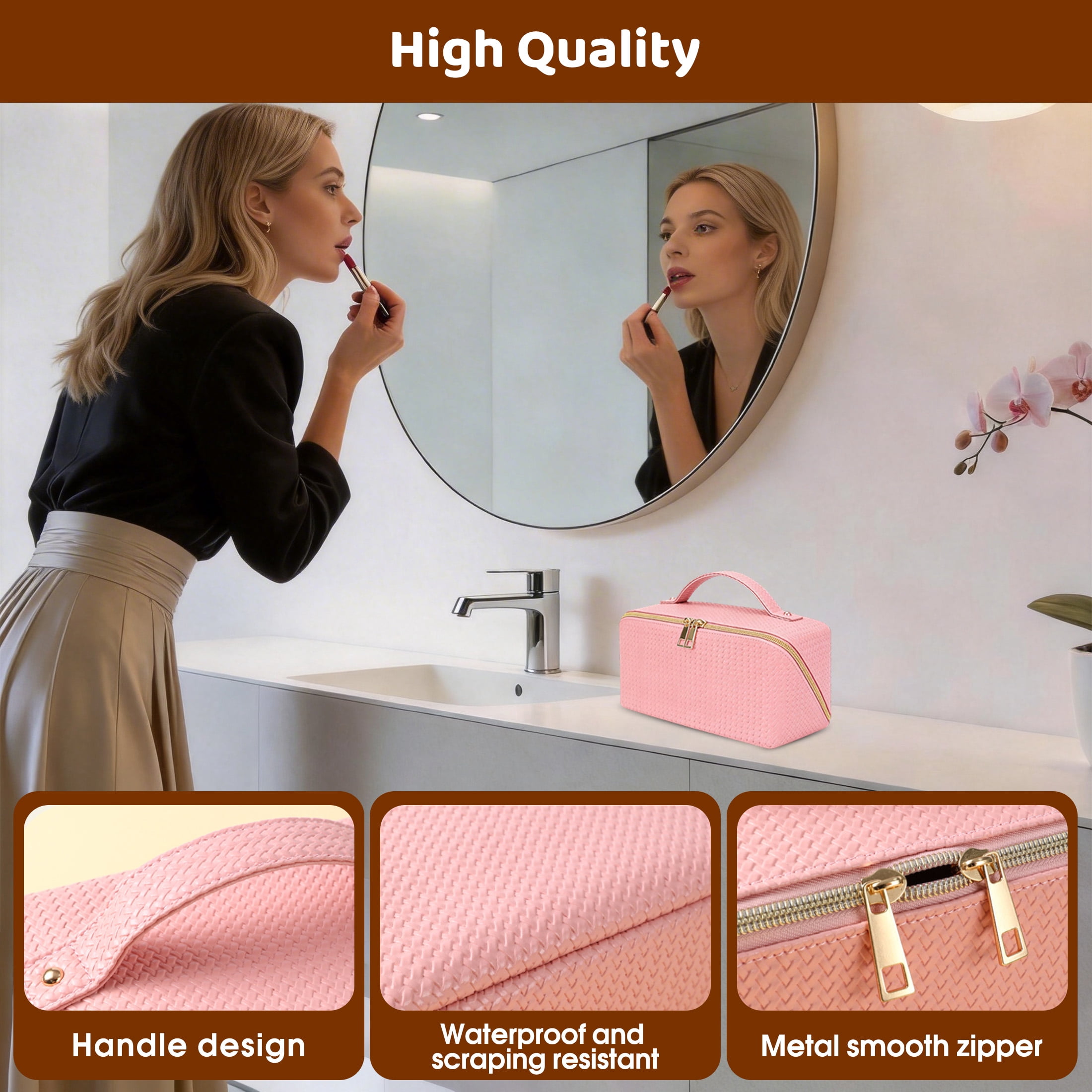 Large Capacity Makeup Bag, Travel Cosmetic Bag, PU Leather Cosmetic Makeup Bag with Handle, 180° Wide Opening Toiletry Bag for Travel, Portable Toiletry Bag for Skincare & Travel Essentials