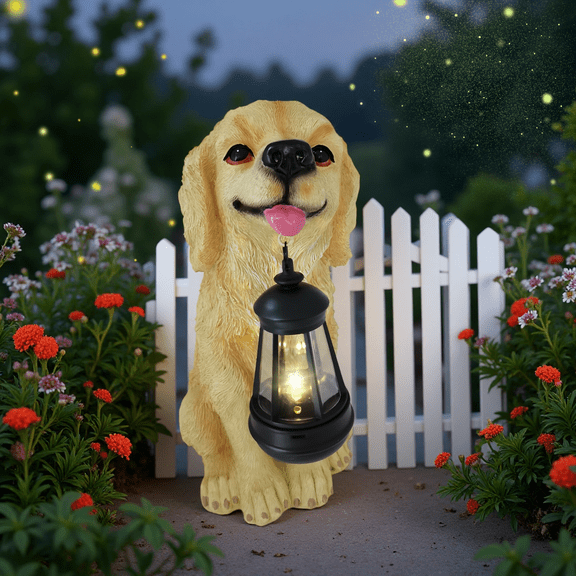 Solar Garden Dog Statue 12 Inch Golden Retriever with Lantern, Resin Outdoor Decor Puppy Figurine Light for Patio Yard Lawn Porch