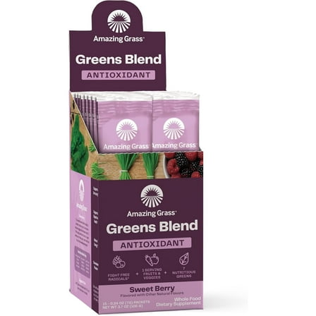 Amazing Grass Greens Blend Antioxidant: Super Greens Powder with Spirulina, Beet Root Powder, Elderberry, Prebiotics & Probiotics, Sweet Berry, 15 Servings (Packaging May Vary)