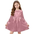 thumbnail image 6 of qolati Girls Metallic Dress Kids Fall Vintage Crewneck Long Sleeve Midi Dress Sparkly Pleated Christmas Party Dresses Pink 5 Years, 6 of 9