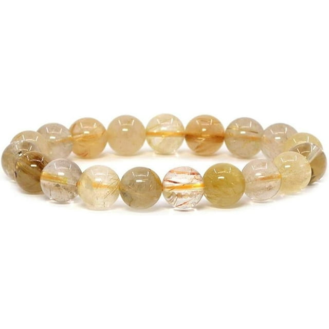 Bracelet Extensible Unisexe en Perles Rondes de 10 mm en Quartz Rutilé Or Naturel 7 Pouces