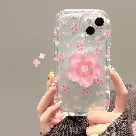 Cute quicksand pink flower holder phone case for iPhone 15 14 12 13 11 pro Max Plus ins Korea girl stand floral clear soft cover