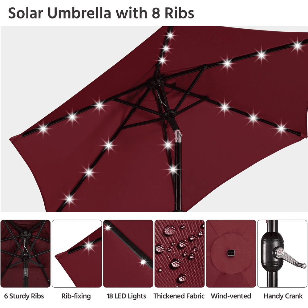 Renwick 7.5FT Patio Umbrella with Base Stand and LED Solar Lights, Burgundy