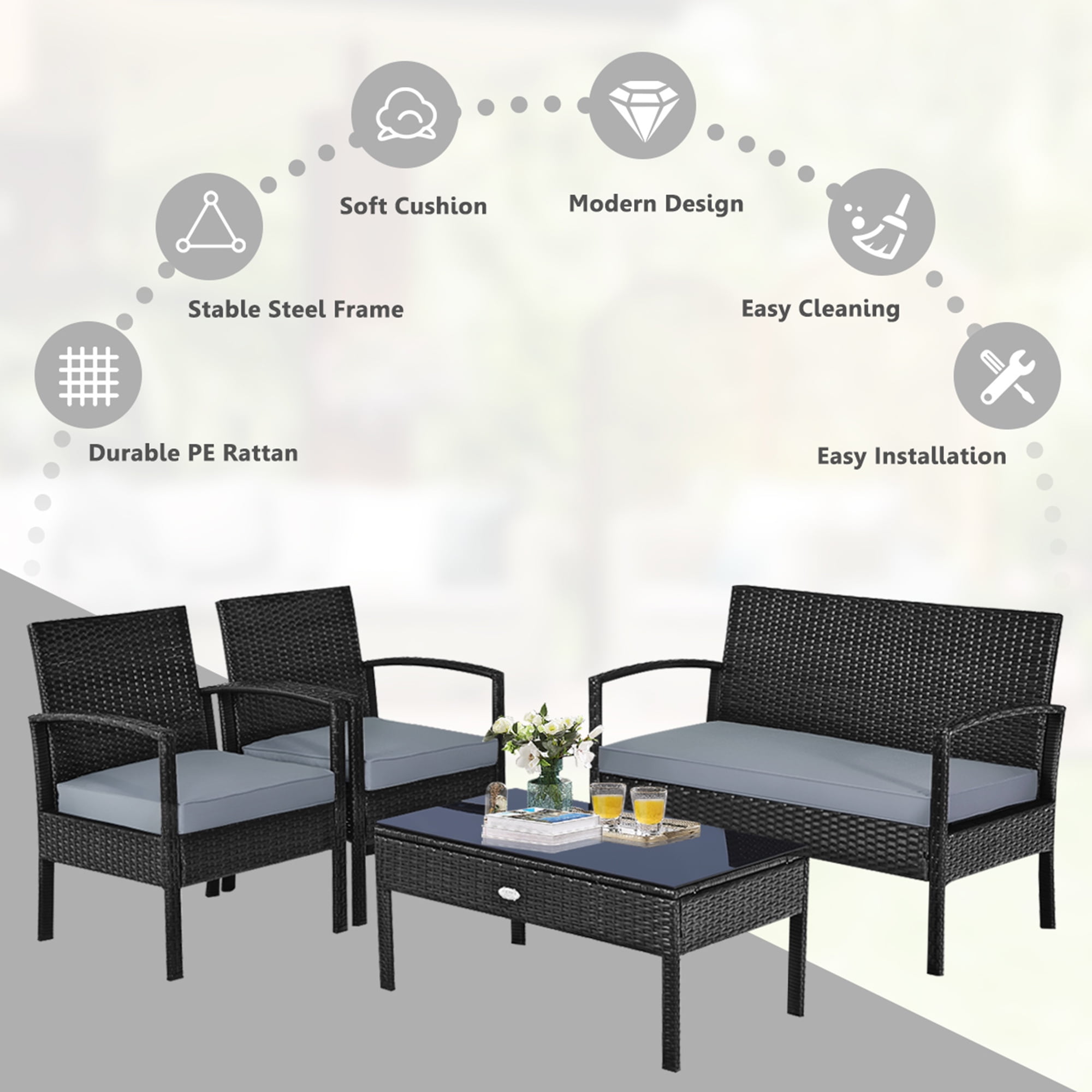 Gymax Patio Garden 4PC Rattan Wicker Furniture Set Black