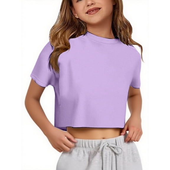 OOOUM Girls Short Sleeve Crop T Shirts Solid Color Classic Tops Tees Loose Fit Stylish And Comfortable Casual Tops Purple 9-10 Years