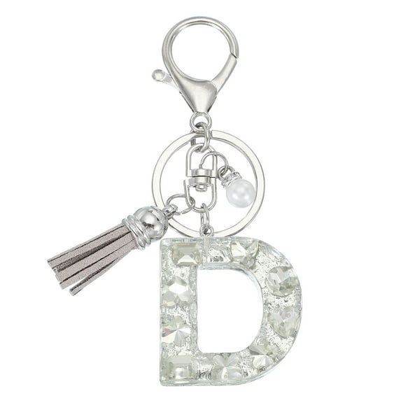 Uxcell Initial Letter Keychain with Tassel and Pearl, Bling Alphabet Letter D Keyring Rhinestone Keychains with Key Ring for Key Purse Bags Handbags Car Key Cup, Silver