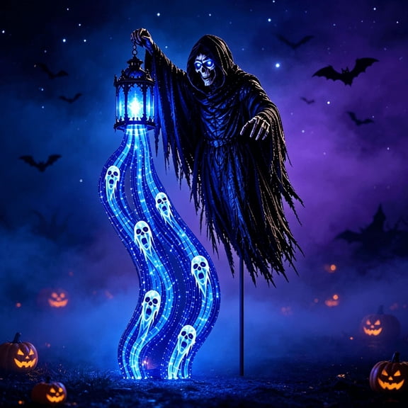 Halloween Soul Harvester Garden Stake Light, Holding Blue Ghost Flowing Lantern Solar Powered Light Up Decor,Haunted Ornament For Lawn Pathway Yard Halloween Party Outdoor Decoration
