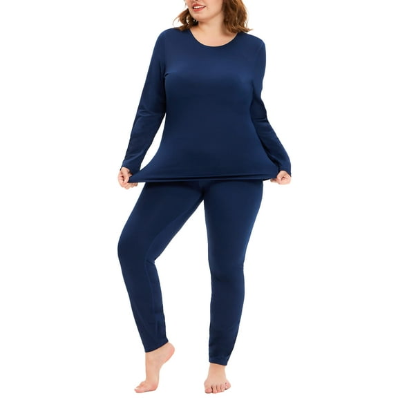 TIYOMI Plus Size Navy Blue Thermal Underwear For Women Crewneck Thermal TopLong Johns Fleece Lined Base Layer Top and Bottom Sets Fall Winter Pajama, 2-Pack XL 14W 16W
