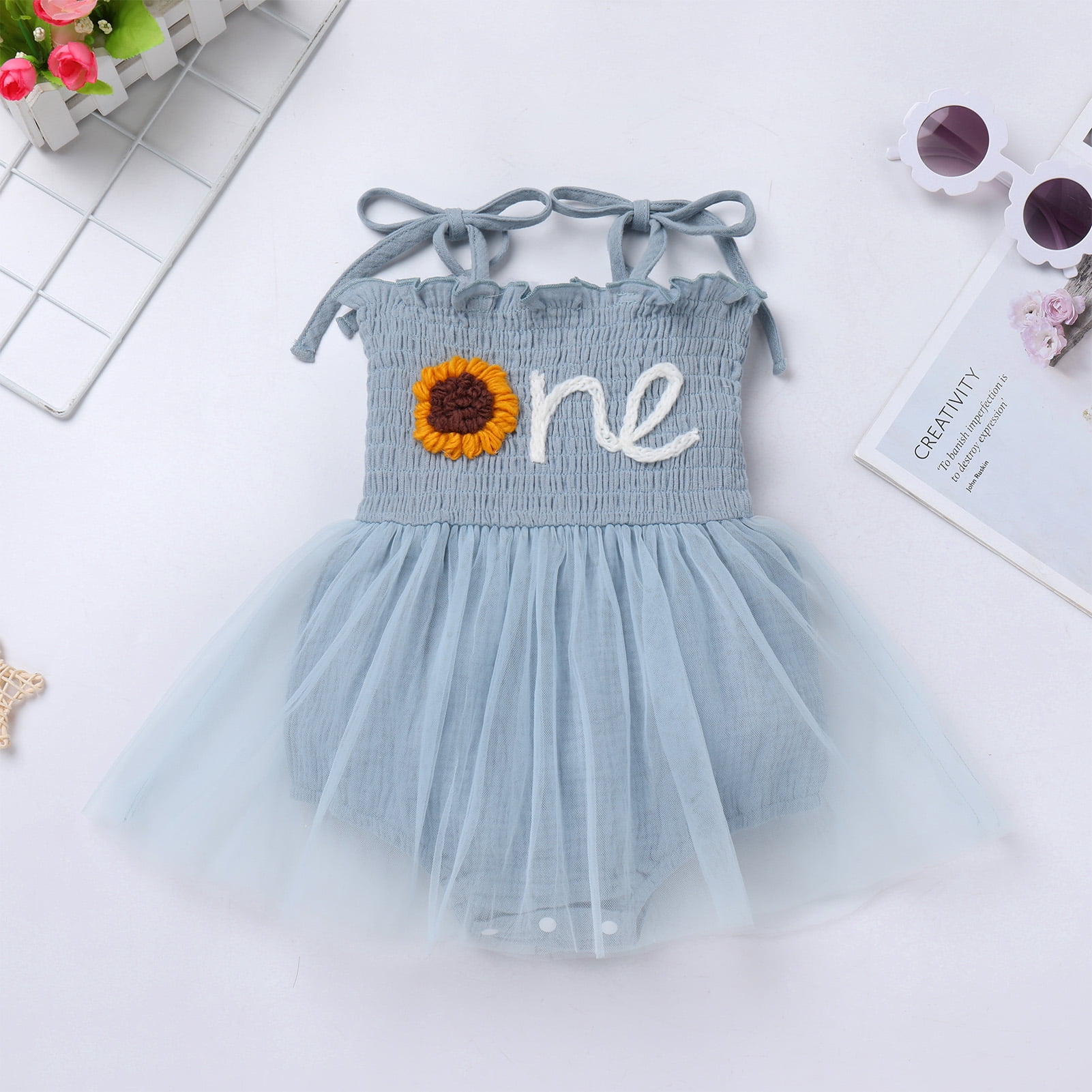 IDOPIP Baby Girls 1st Birthday Outfit Spaghetti Straps Romper Dress with Headband Cake Smash Outfit