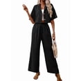 thumbnail image 3 of Women'S Casual 2 Piece Set V-Neck Short-Sleeved Tops Straight Wide Leg Pants Outfit Black S, 3 of 9