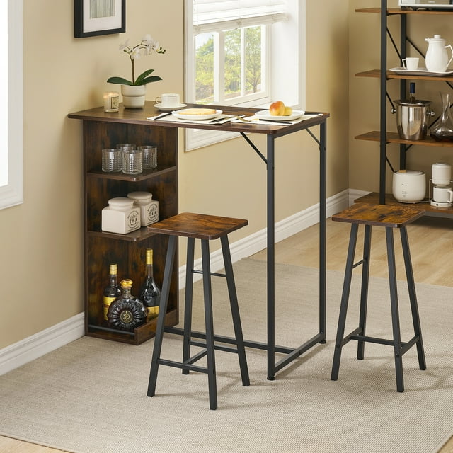 EDTara Ensemble Rétro de Table de Bar 3 Pcs, Table à Manger Compacte pour 2 avec 3 Étagères de Rangement et Tabourets, Idéal pour Appartements