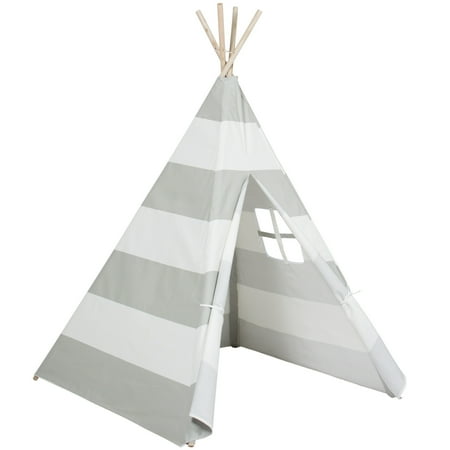 Fun Zone Play Tent - Best Choice Products 6ft Kids Stripe Cotton Canvas Indian Teepee Playhouse Sleeping Dome Play Tent w/ Carrying Bag, Mesh Window - White/Gray