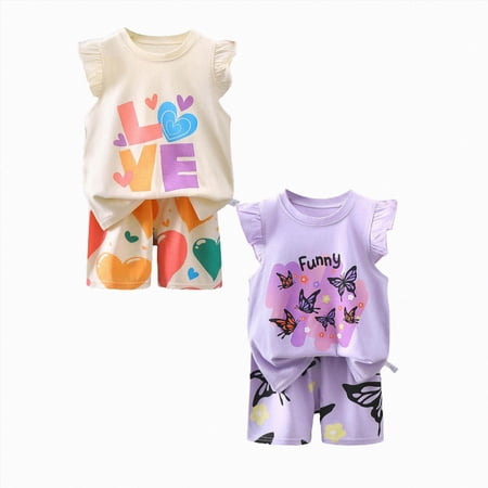 CAUYDY Toddler Girls Summer Outfit Cotton Girls Comfortable And Breathable Set Cute Cartoon Printed Top and Shorts Clothing Set(Dark Purple & Beige 6-9 M)