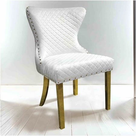 COSMOS Set of 2 White Glam Side Chairs with Diamond Tufted Fabric and Gold Square Legs