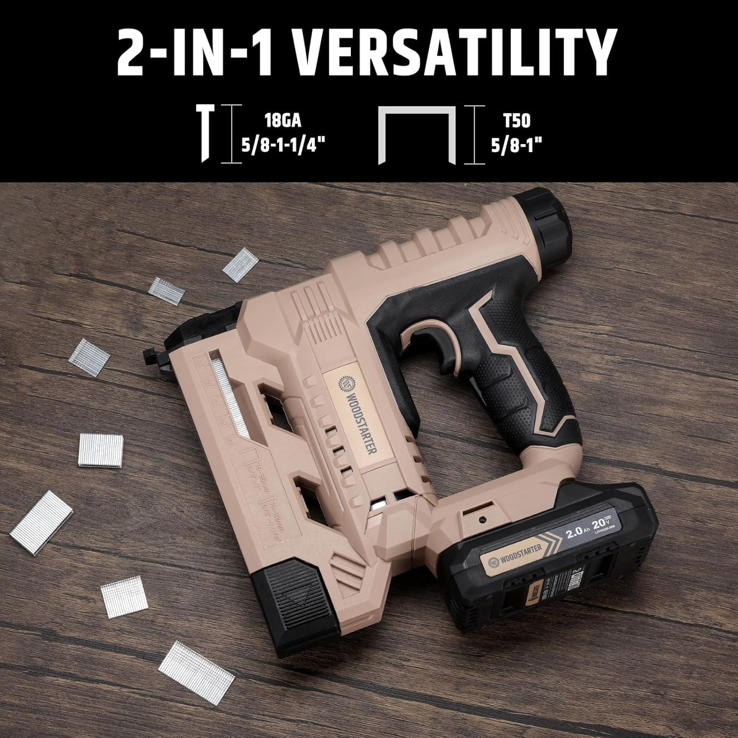 Cordless 2-in-1 Brad Nailer (Battery & Charger), 18GA Nails (5/8"-1-1/4") & Staples (5/8"-1"), 6-Level Depth Adjustment, LED Light, Safety Lock, 2000 Nails Included,