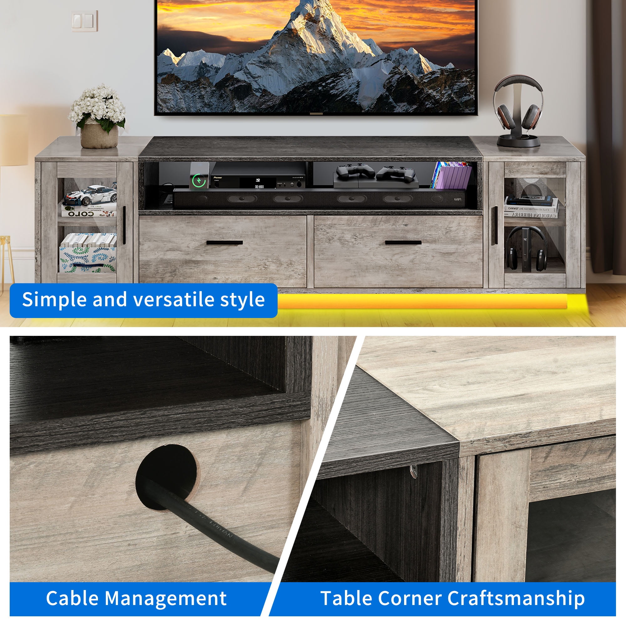 Uforic Large TV Stand w/Power Outlets for 70 inch TV, LED Entertainment Center, Gray