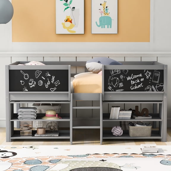 Euroco Twin Size Loft Bed with Shelves and Chalkboard, Storage Bed with Guardrails, Gray