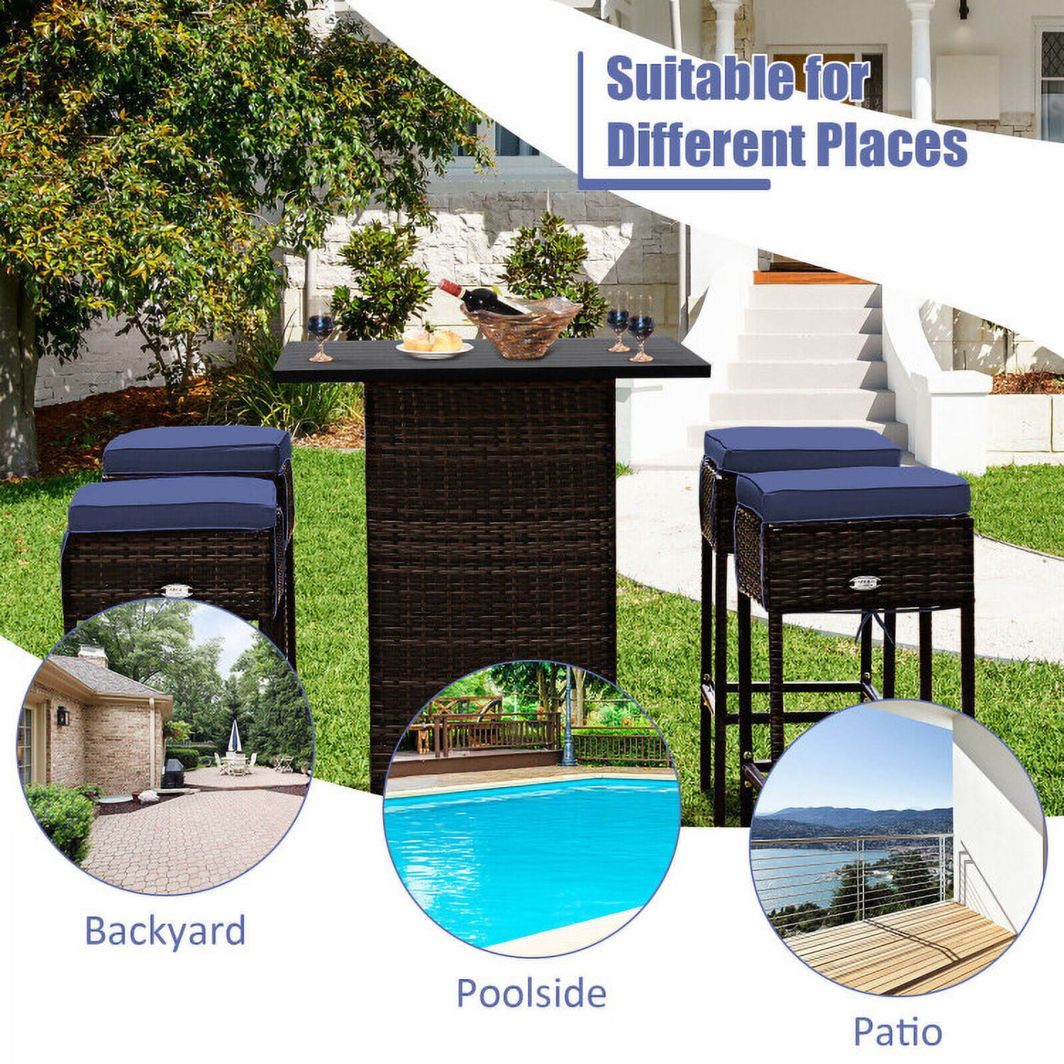 Aimee Lii 5 Pieces Patio Rattan Bar Table Stool Set Hidden Storage Shelf Cushioned, Outdoor Patio Furniture, Navy