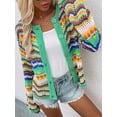 thumbnail image 6 of Women'S Multicolored Striped Crochet Knit Cardigan Crew Neck Flared Sleeve Button Y2K Sweater Coat Green S, 6 of 9
