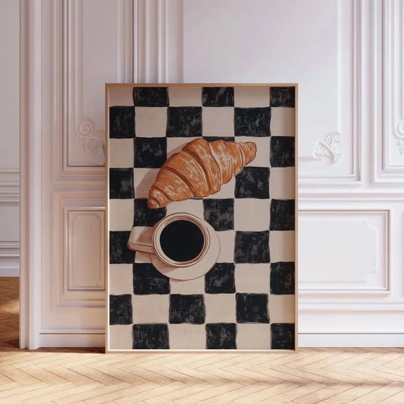Checkered Coffee and Croissant Print, Funky Food and Drink Poster, Size 24''x36''-Gategoo