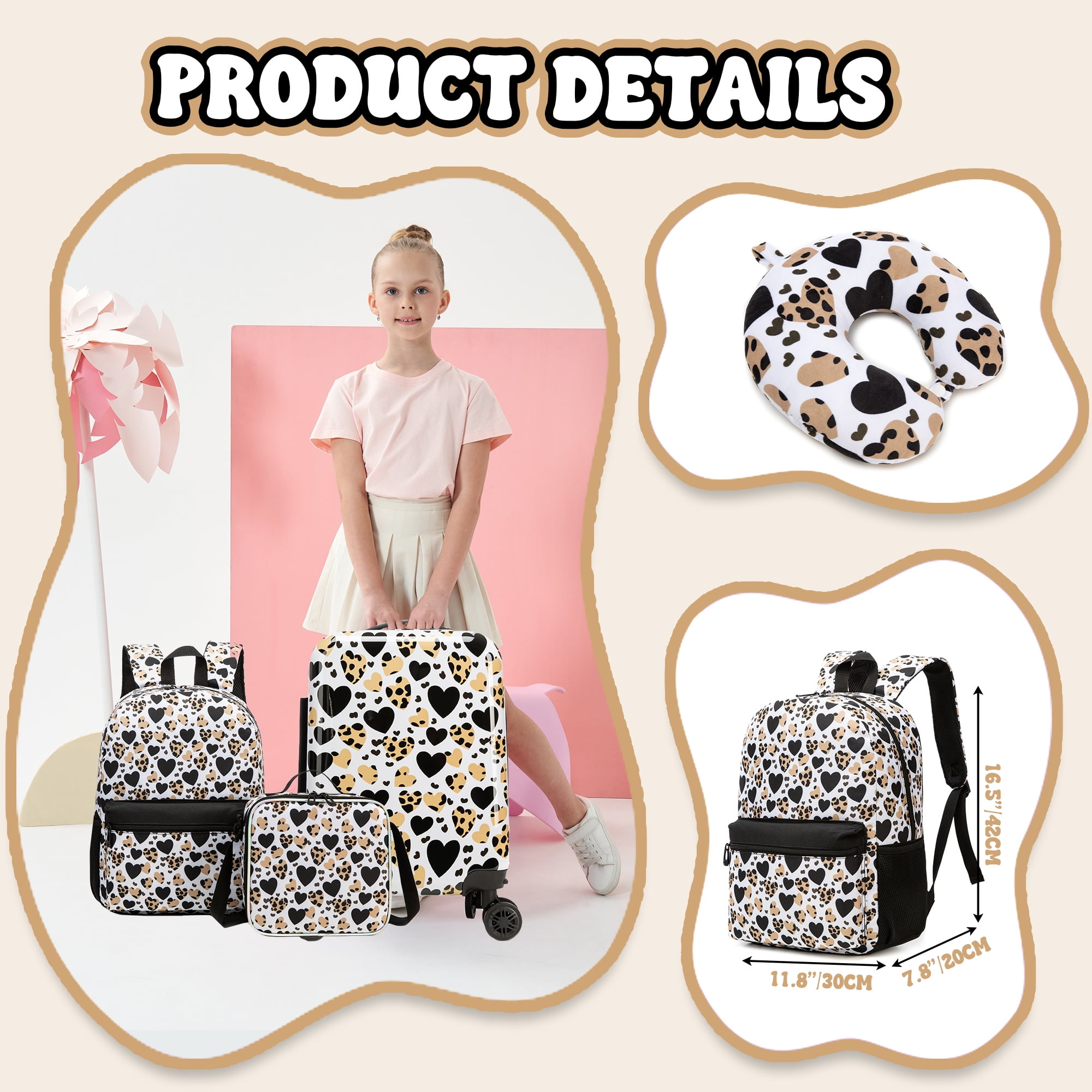 Kids Caary on Luggage Sets for Girls Women with Wheels Hardshell Suitcases with Travel Neck Pillow Suitcase Set for Airplane