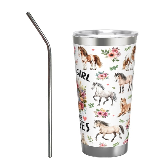 20oz Just a Girl Who Loves Horses Insulated Car Tumbler with Handle and Straw Lid Horse Lover Gift with Stainless Steel Straw