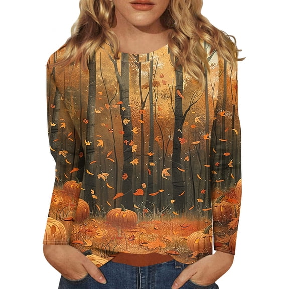 JULMCOMO Plus Size Halloween Shirts for Women Funny Pumpkin Castle Bat Print Crew Neck Long Sleeve Shirts Holiday Costume Tunic Tops Orange 3XL