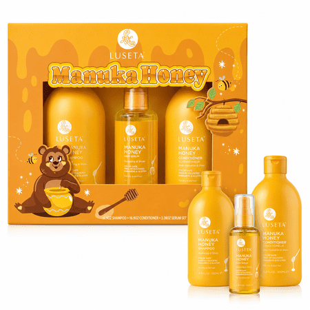 Luseta Manuka Honey Shampoo Conditioner & Hair Serum Gift Set Hydrating & Shine Formula for Dry Hair 3-Piece Set