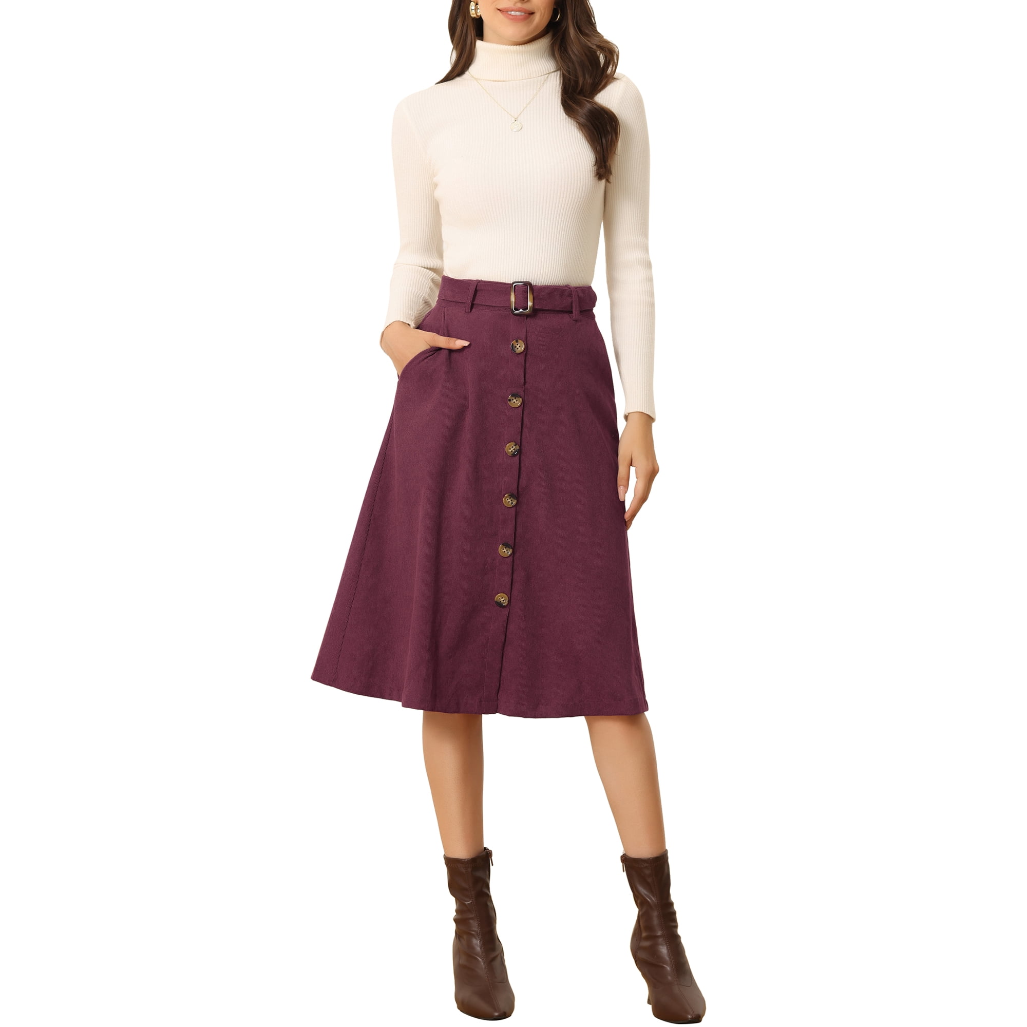 Unique Bargains Women s High Waist Midi Skirts A Line Button Front Belted Corduroy Skirt Burgundy 2XL Walmart