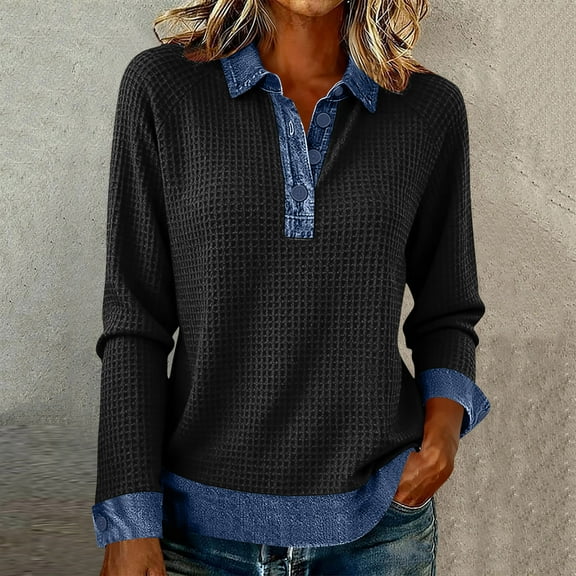 ClodeEU Womens Sweatshirts Plaid,Half Button Up Denim Lapel Pullover,Long Sleeve Collared Knit Top Black,Womens Plus XXL