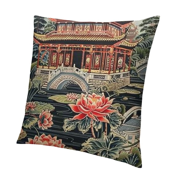 BANET Charcoal Coral Pagoda Pillow Covers Chinoiserie Throw Pillow Cover Charcoal Coral Asian Pillow Case Cushion Cover Home Decor for Sofa Living Room Bedroom 12x12in