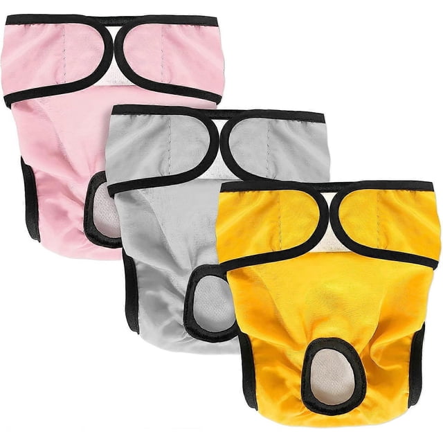 Washable Dog Diapers (3 Pack), Highly Absorbent Dog Diapers, 3 Pack Washable Dog Diapers Reusable Washable Female Dog Diapers (Grey Pink Yellow, XS)