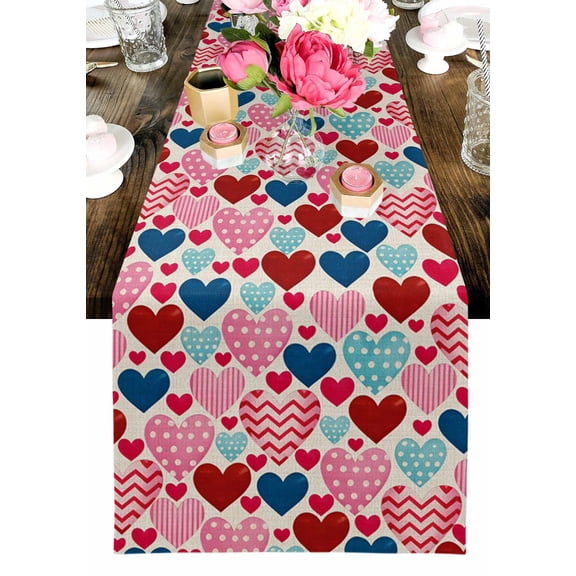 Valentine's Day Table Runner, Romantic Pink Blue Red Polka Dot Love Heart Washable Cotton-linen Table Runners Dining Kitchen Decoration for Everyday Home Wedding Party Decor, 13 x 120 Inch