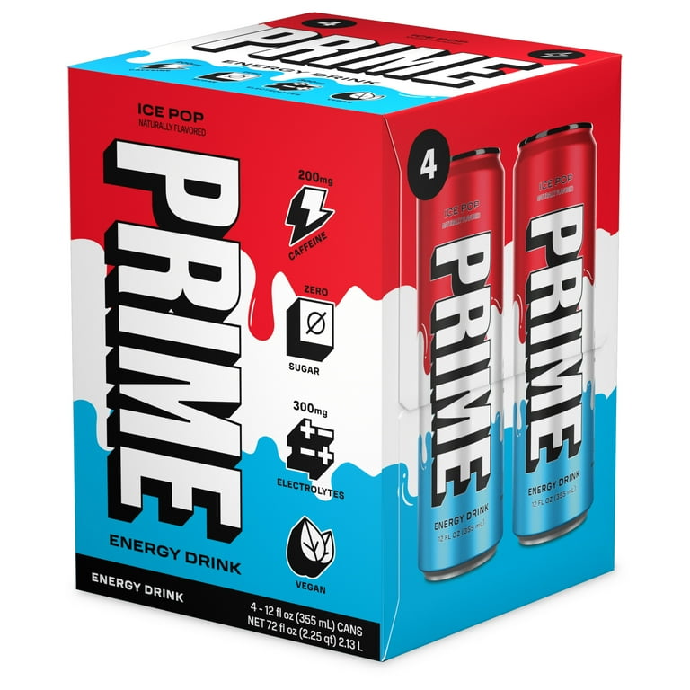 Prime Sugar Free Energy Drink, Ice Pop, 12 fl oz, 4 Pack, Cans